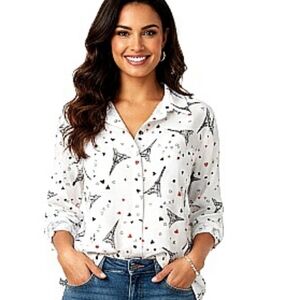 Karl Lagerfeld Paris Whimsical Mix Print Crepe Blouse Button Front Long Sleeve